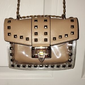Studded Tan and Clear Concert Crossbody Bag Chain Strap Gold Hardware